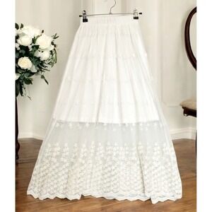 Cherry Pink Maxi‎ Skirt Lace Tiered Embroidered Women M Lined Ivory Cottagecore